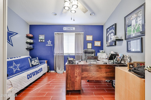 office space featuring ceiling fan and wood finish floors