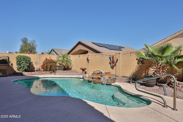 view of swimming pool with a fenced backyard, a fenced in pool, and a patio