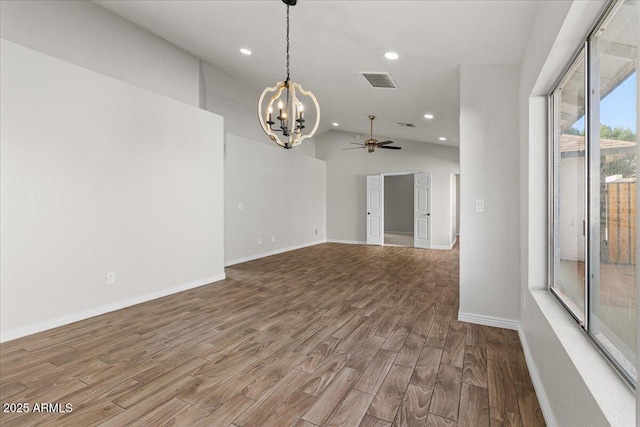 1736 E Bluefield Ave, Phoenix, AZ 85022 - unfurnished room with a chandelier, vaulted ceiling, wood finished floors, a ceiling fan, and recessed lighting