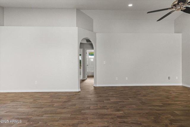 1736 E Bluefield Ave, Phoenix, AZ 85022 - spare room with arched walkways, a ceiling fan, wood finished floors, recessed lighting, and a towering ceiling