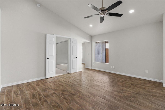 1736 E Bluefield Ave, Phoenix, AZ 85022 - unfurnished bedroom featuring dark wood-style flooring, high vaulted ceiling, recessed lighting, and a ceiling fan