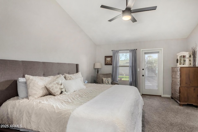 carpeted bedroom with ceiling fan, access to outside, and vaulted ceiling