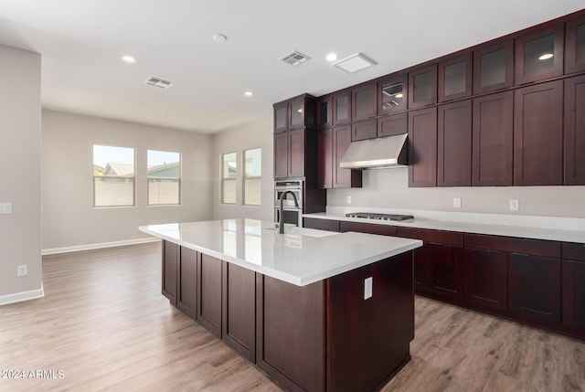 kitchen featuring light wood-type flooring, stainless steel gas cooktop, a kitchen island with sink, and sink