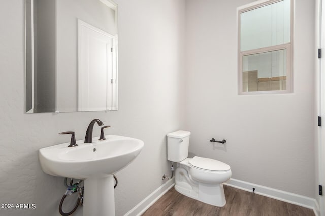 bathroom with wood-type flooring, toilet, and sink