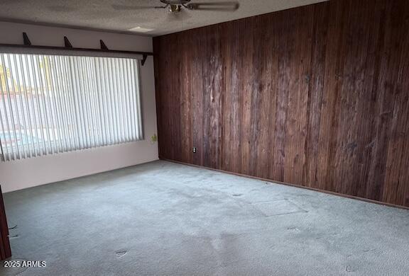 empty room with carpet floors, wood walls, ceiling fan, and a textured ceiling