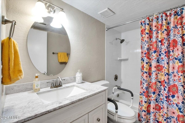 7502 E Carefree Dr Unit 106, Carefree, AZ 85377 - bathroom featuring toilet, shower / bath combo, a textured ceiling, vanity, and a textured wall