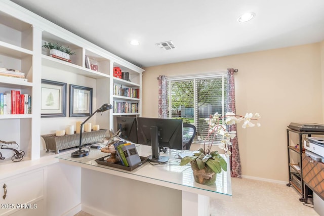 office area with baseboards, visible vents, and recessed lighting