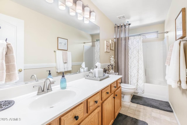 bathroom with toilet, visible vents, shower / tub combo with curtain, and vanity