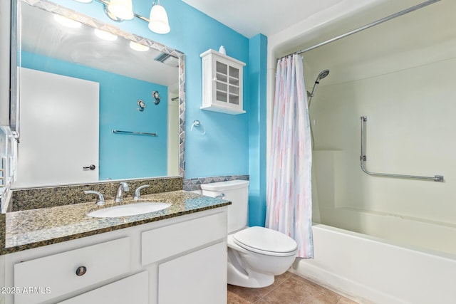 full bathroom featuring vanity, shower / tub combo with curtain, tile patterned floors, and toilet