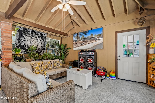 3207 N Steves Blvd, Flagstaff, AZ 86004 - interior space featuring vaulted ceiling with beams, ceiling fan, and wooden walls