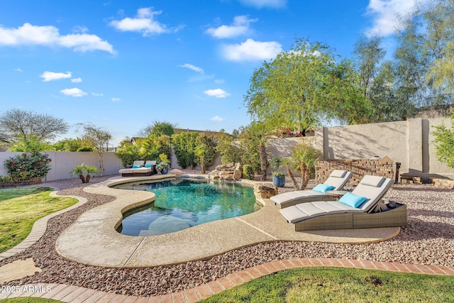 view of swimming pool featuring a fenced backyard, an outdoor living space, and a patio