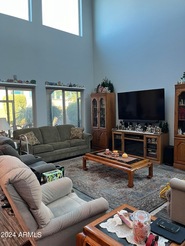 living room with a high ceiling