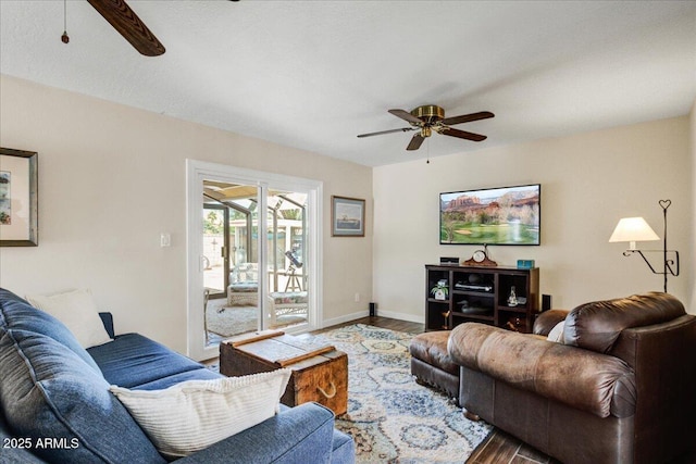 2846 E Lupine Ave, Phoenix, AZ 85028 - living area featuring baseboards, ceiling fan, and wood finished floors