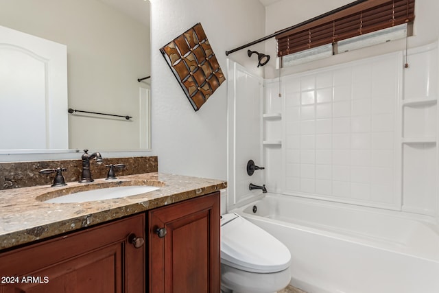 full bathroom featuring toilet, vanity, and tub / shower combination