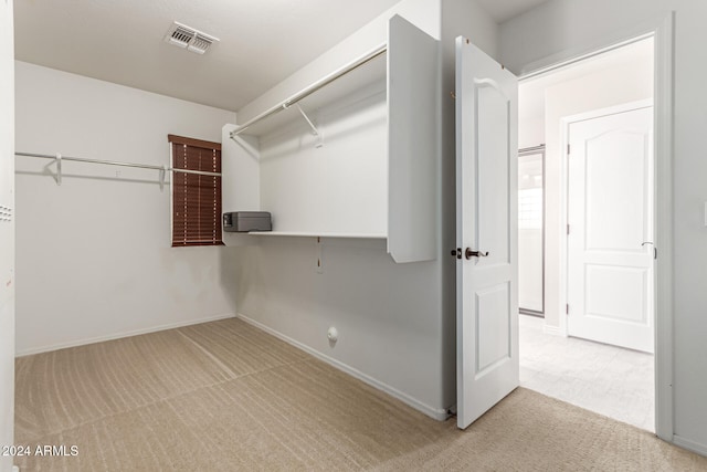 walk in closet with light colored carpet