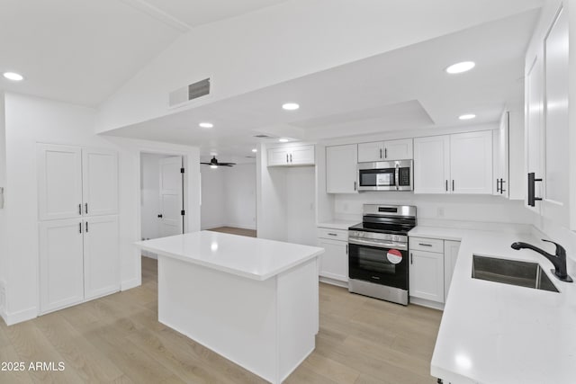 kitchen featuring white cabinetry, sink, a kitchen island, and appliances with stainless steel finishes