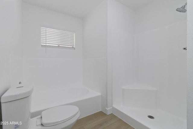 bathroom with hardwood / wood-style flooring, toilet, and walk in shower