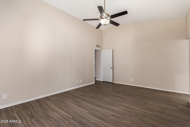 unfurnished room with high vaulted ceiling, ceiling fan, and dark wood-type flooring