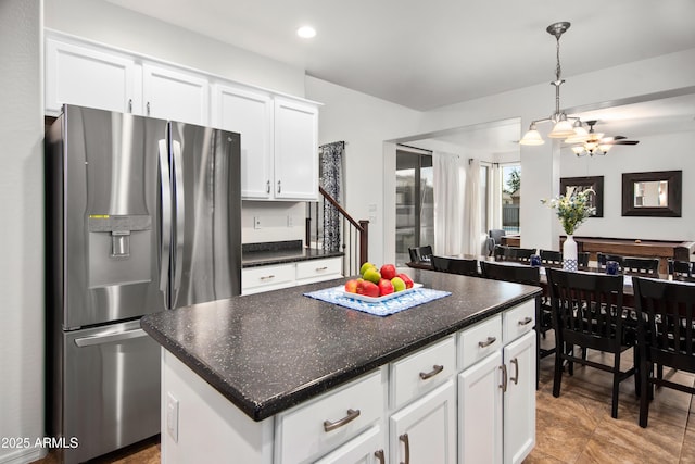 4221 S Fireside Ct, Gilbert, AZ 85297 - kitchen featuring stainless steel fridge, white cabinets, hanging light fixtures, recessed lighting, and a center island