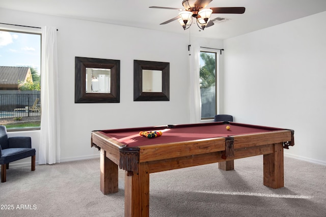 4221 S Fireside Ct, Gilbert, AZ 85297 - playroom with a ceiling fan, light colored carpet, and billiards