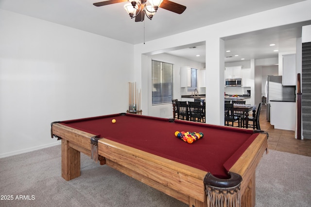 4221 S Fireside Ct, Gilbert, AZ 85297 - playroom featuring a ceiling fan, billiards table, carpet flooring, and recessed lighting