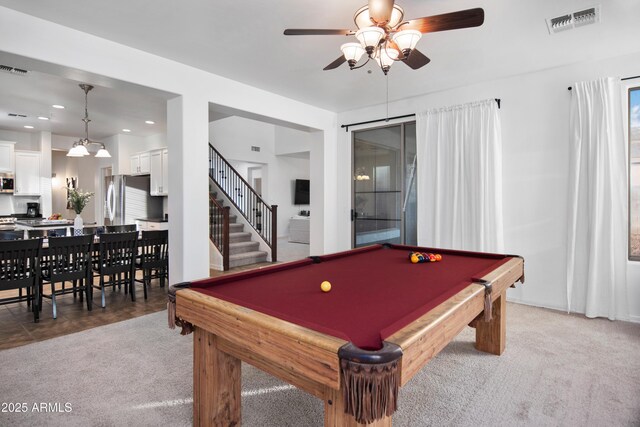 4221 S Fireside Ct, Gilbert, AZ 85297 - game room featuring carpet floors, ceiling fan, pool table, and recessed lighting