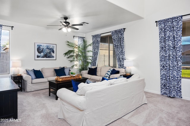 4221 S Fireside Ct, Gilbert, AZ 85297 - living room featuring carpet flooring, ceiling fan, and baseboards