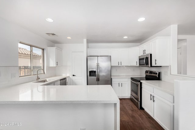 kitchen with sink, appliances with stainless steel finishes, white cabinetry, dark hardwood / wood-style flooring, and kitchen peninsula