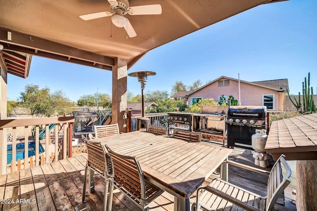 13051 N 75th Dr, Peoria, AZ 85381 - wooden deck featuring area for grilling, ceiling fan, outdoor dining space, and a fenced backyard