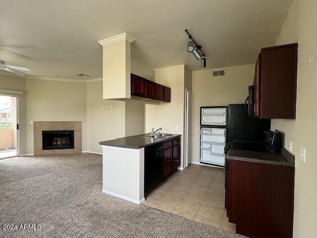 kitchen featuring a fireplace, ceiling fan, light carpet, and black appliances