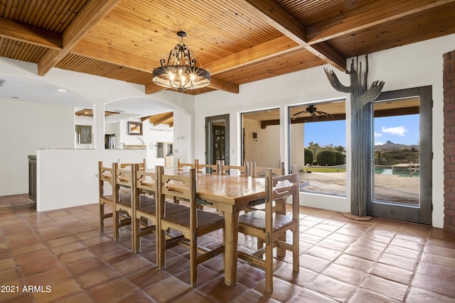 dining space with wood ceiling, beam ceiling, and ceiling fan with notable chandelier