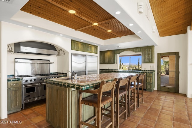 kitchen with wood ceiling, premium appliances, a tray ceiling, an island with sink, and wall chimney exhaust hood