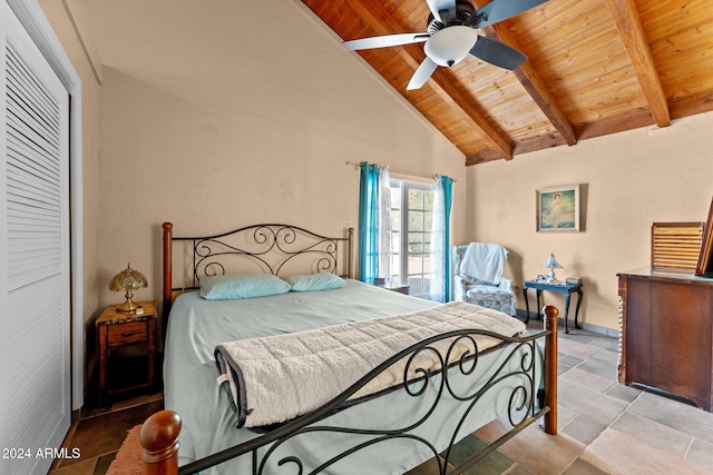 bedroom featuring wood ceiling, a closet, ceiling fan, beamed ceiling, and high vaulted ceiling