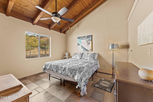 bedroom with wood ceiling, lofted ceiling with beams, tile patterned floors, and ceiling fan