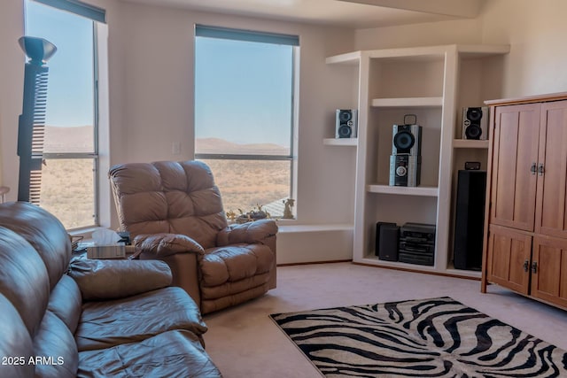 living room with light carpet and built in features