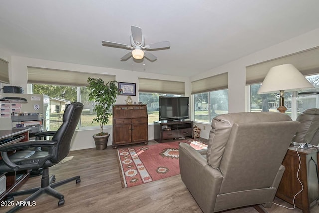 office area with ceiling fan and wood-type flooring