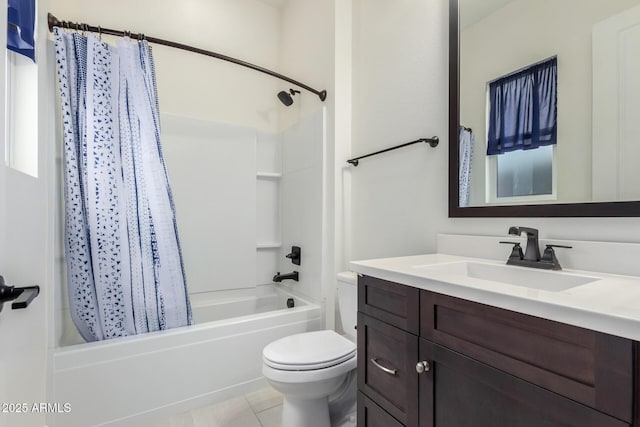 bathroom with vanity, tile patterned flooring, shower / bathtub combination with curtain, and toilet