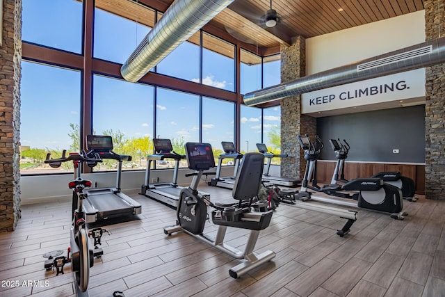 exercise room featuring wood finished floors and a towering ceiling