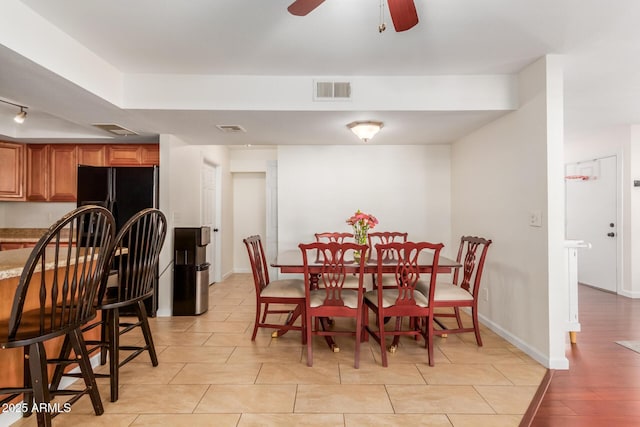 dining space with visible vents, ceiling fan, and baseboards