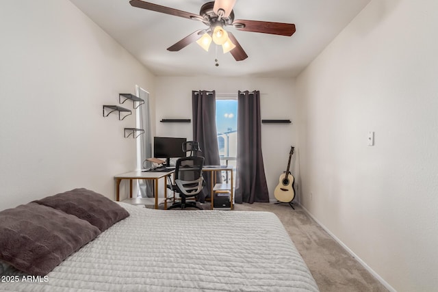 bedroom with light colored carpet, ceiling fan, and baseboards