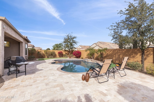 view of pool featuring a grill and a patio area