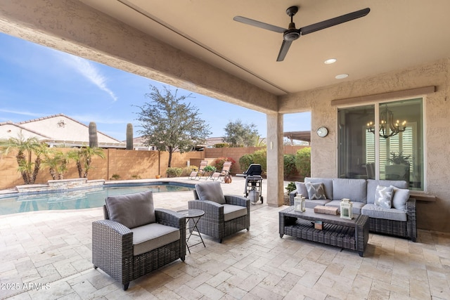 view of patio / terrace with ceiling fan, an outdoor living space, a fenced in pool, and area for grilling