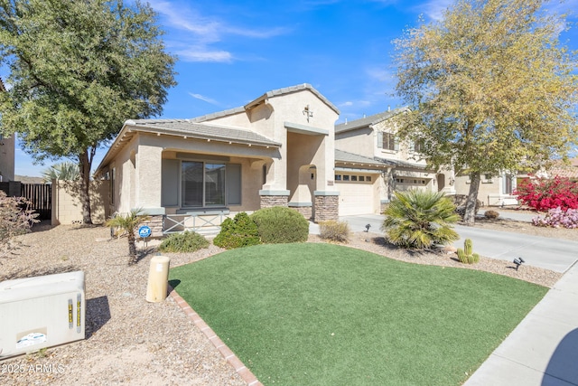 view of front of home featuring a front lawn, a garage, and a porch