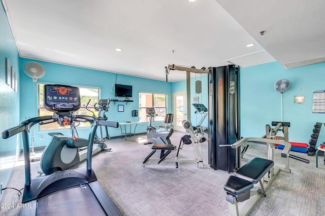 workout area featuring carpet floors and recessed lighting