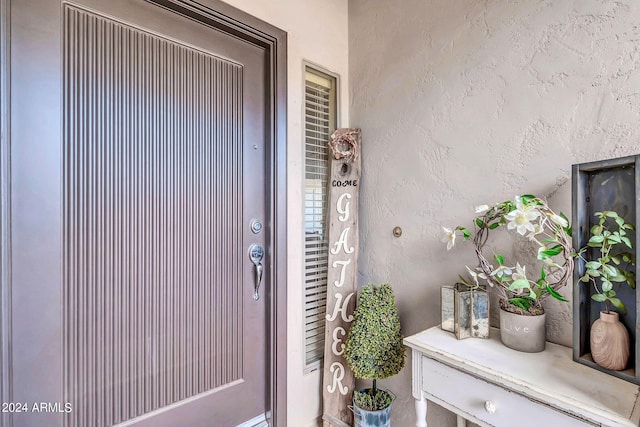 doorway to property with stucco siding