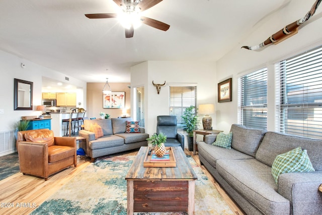 living room featuring ceiling fan and wood finished floors