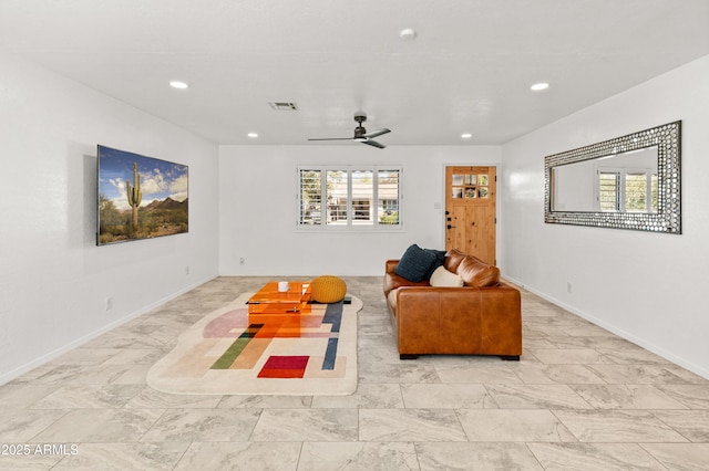 living area with ceiling fan, recessed lighting, visible vents, and baseboards