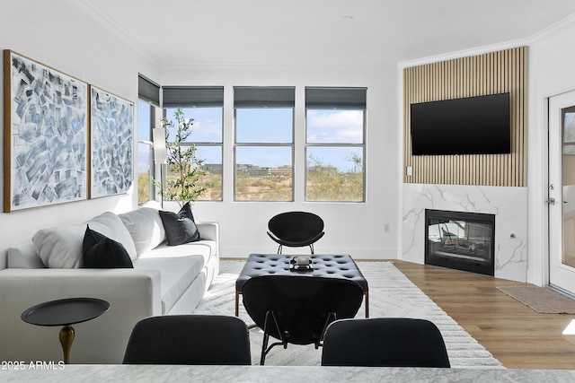 living room featuring ornamental molding, a fireplace, and a wealth of natural light