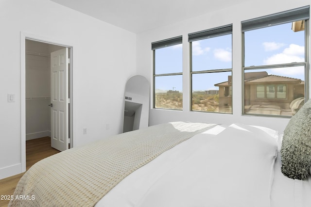 bedroom with a spacious closet, a closet, and hardwood / wood-style flooring