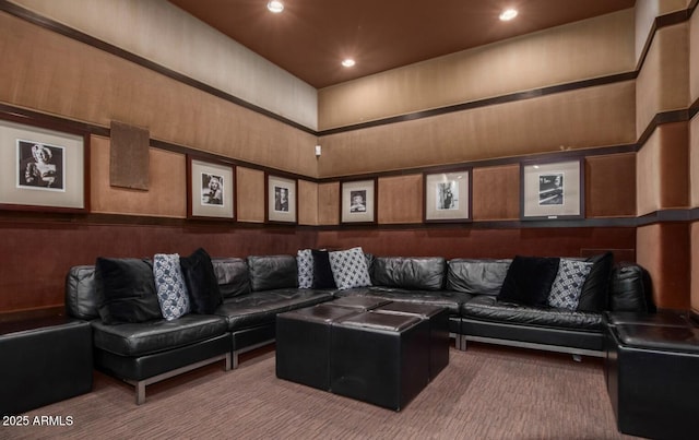 carpeted cinema with wooden walls and a high ceiling